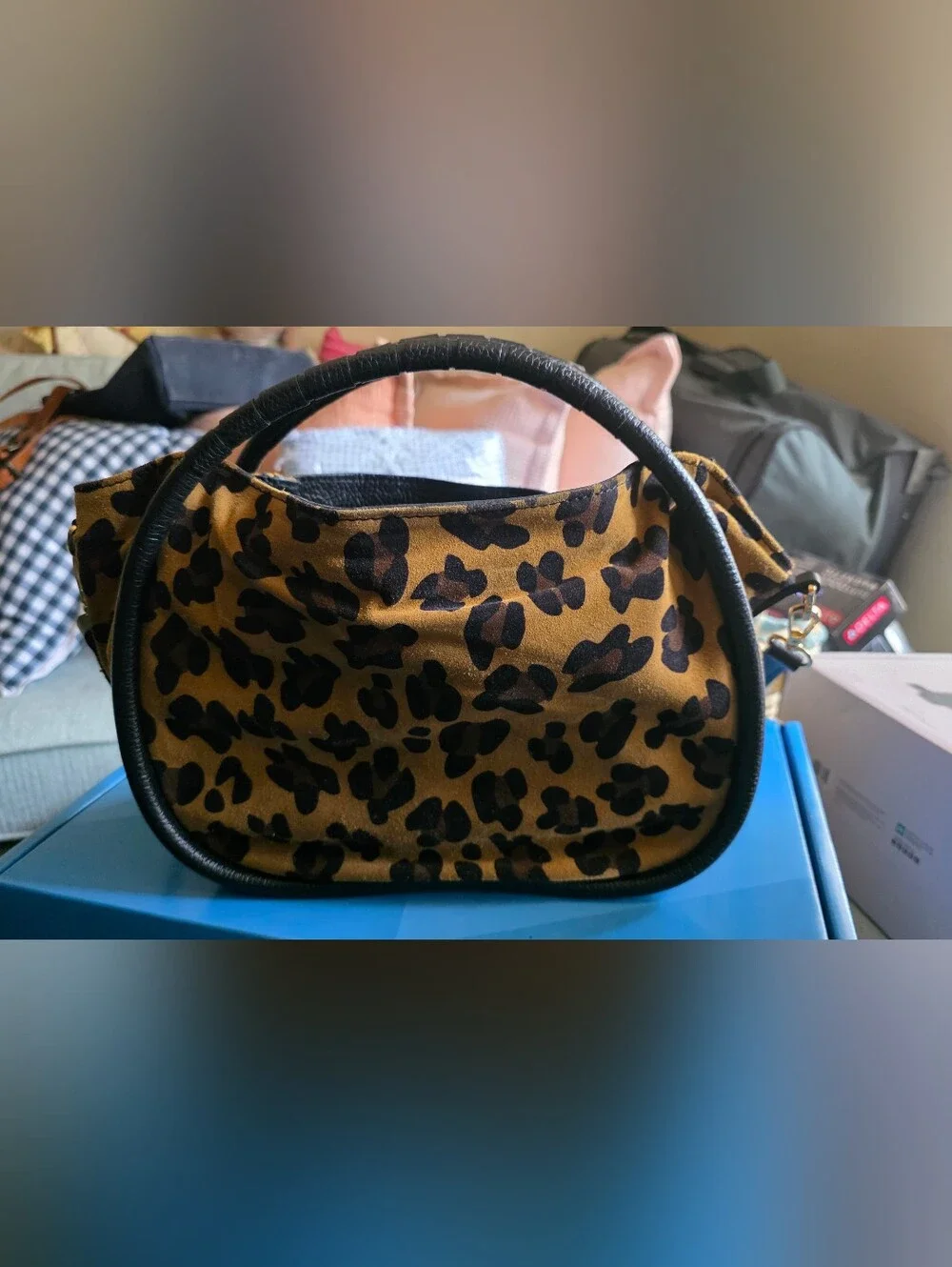 Leopard Print Suede Top-Handle Women’s Bag - Brown/Black